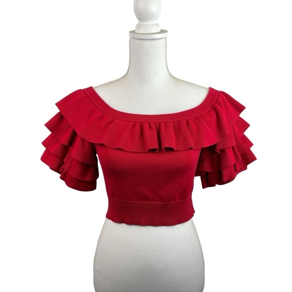 Marissa Webb | Anton Red Crop Ruffle Off Shoulder Top - Picture 1 of 8